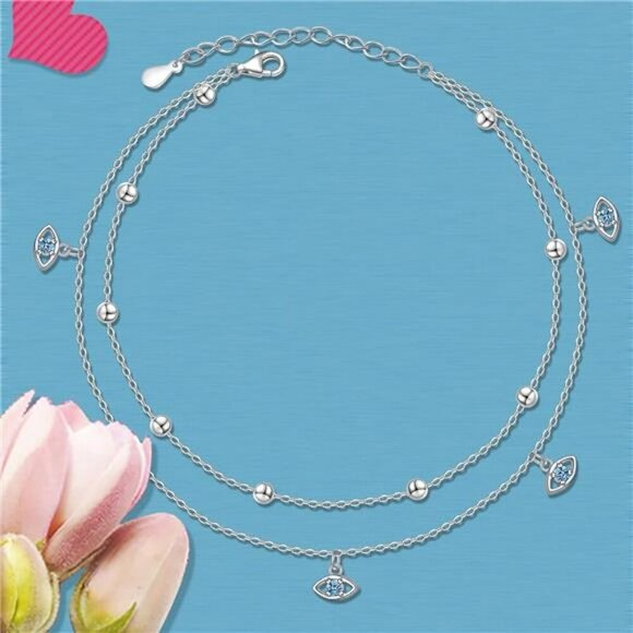 Sterling Silver Evil Eye Heart Infinity Adjustable Anklet Women Jewelry - Picture 3 of 7